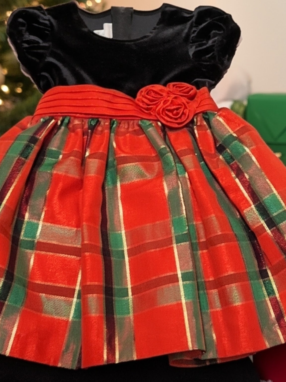 Bonnie Baby Black Velvet Top with Red & Green Plaid Holiday Dress